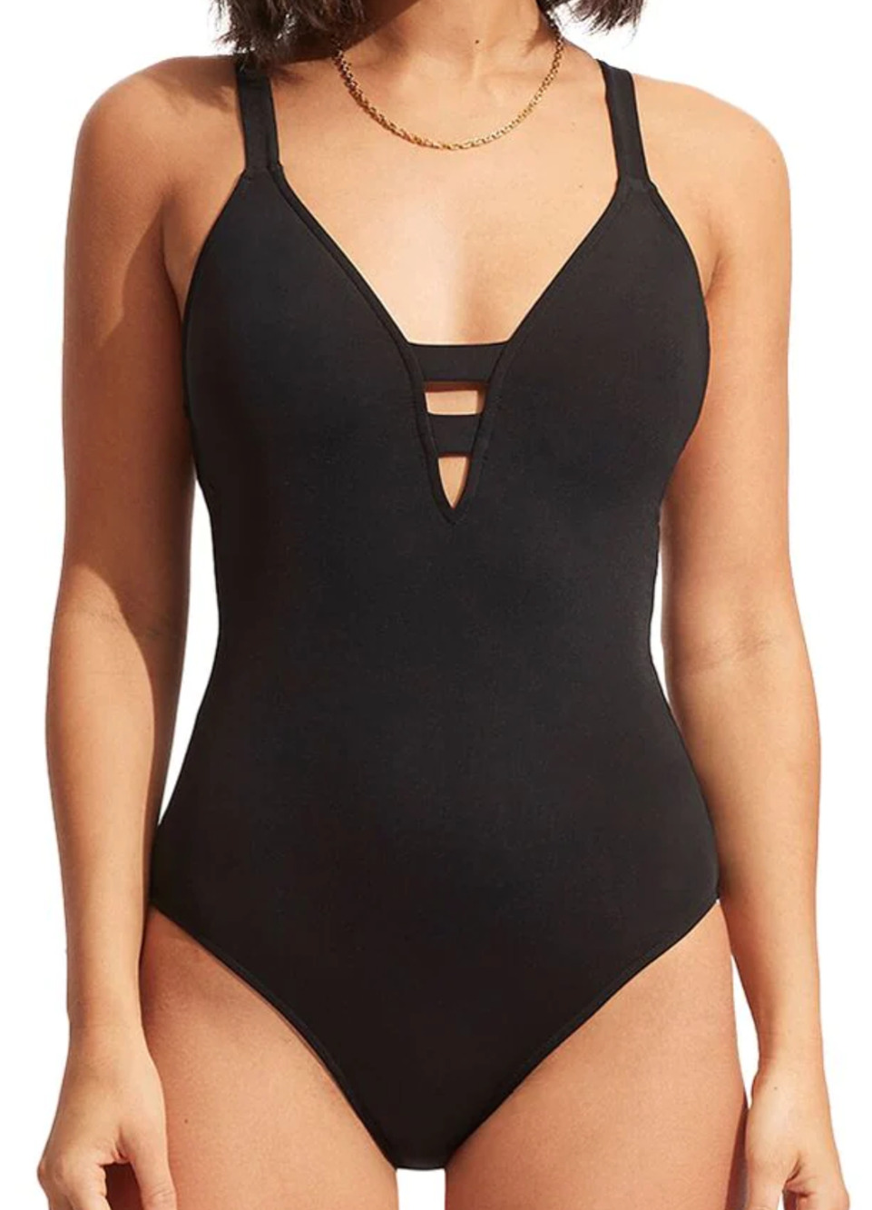 NEW SEAFOLLY BLACK ACTIVE DEEP V PLUNGE ONE PIECE SWIMSUIT SZ US 4